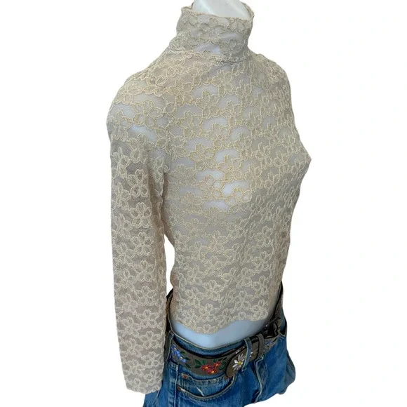 Line & Dot Mesh Floral Mockneck Top MEDIUM Bodycon Romantic Cocktail Nude $90 - Picture 6 of 10